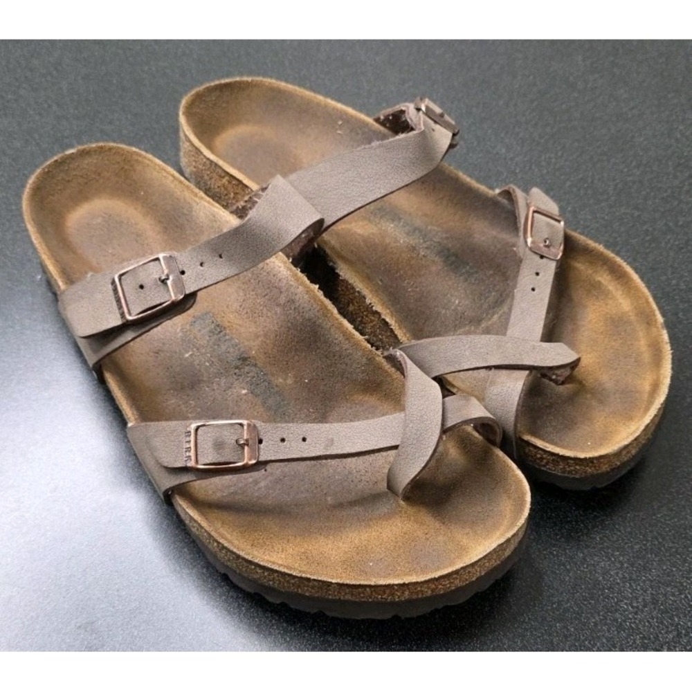 BIRKENSTOCK Mayari Birko-Flor Vegan Mocha Toe Sandals Leather Strap Buckle 9/40